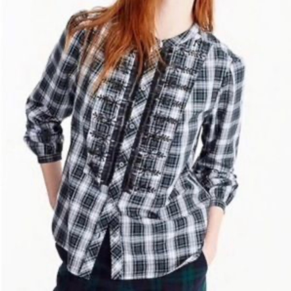 J. Crew Forrest Green Plaid Embellished Button Front Blouse Size XS Tall